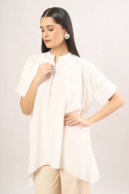 Namrata Joshipura_Ivory Applique, Pearls Bandeau Neck Floral Handkerchief Hem Tunic _at_Aza_Fashions