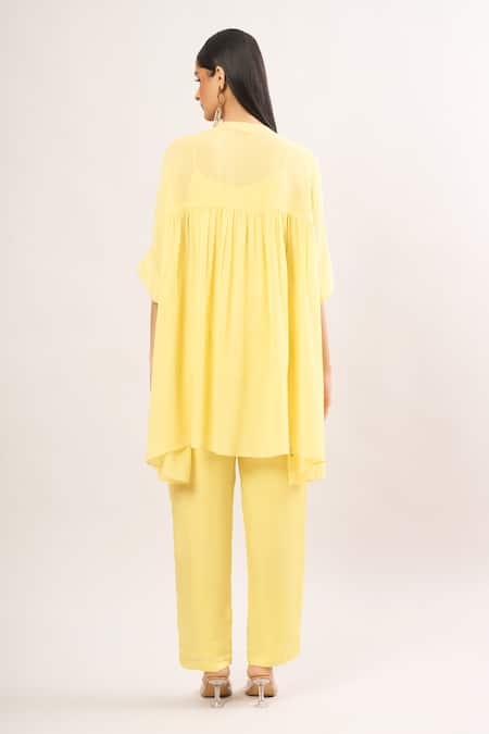 Shop Namrata Joshipura Yellow Pearls, Embroidery Round Neck Hibiscus Embellished Tunic Set at Aza Fashions Shop_Namrata Joshipura_Yellow Pearls, Embroidery Round Neck Hibiscus Embellished Tunic Set _at_Aza_Fashions