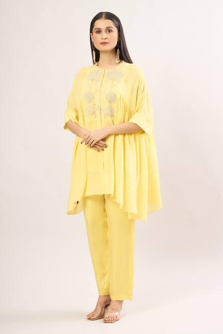 Namrata Joshipura Yellow Pearls, Embroidery Round Neck Hibiscus Embellished Tunic Set Online at Aza Fashions Namrata Joshipura_Yellow Pearls, Embroidery Round Neck Hibiscus Embellished Tunic Set _Online_at_Aza_Fashions