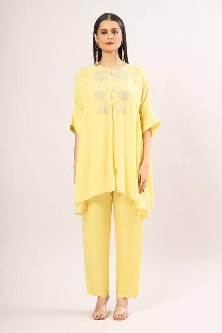 Buy Namrata Joshipura Yellow Pearls, Embroidery Round Neck Hibiscus Embellished Tunic Set Online at Aza Fashions Buy_Namrata Joshipura_Yellow Pearls, Embroidery Round Neck Hibiscus Embellished Tunic Set _Online_at_Aza_Fashions