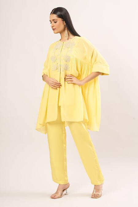 Shop Namrata Joshipura Yellow Pearls, Embroidery Round Neck Hibiscus Embellished Tunic Set Online at Aza Fashions Shop_Namrata Joshipura_Yellow Pearls, Embroidery Round Neck Hibiscus Embellished Tunic Set _Online_at_Aza_Fashions