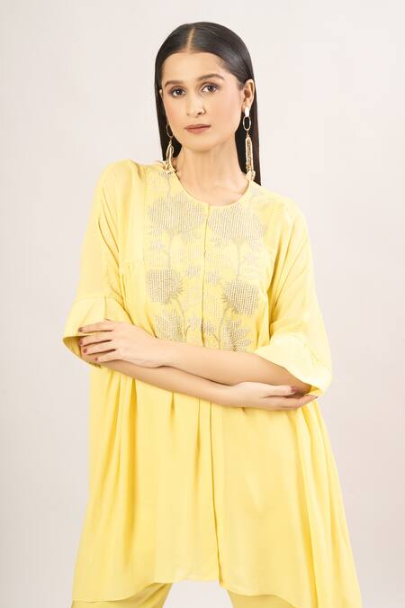 Namrata Joshipura Yellow Pearls, Embroidery Round Neck Hibiscus Embellished Tunic Set at Aza Fashions Namrata Joshipura_Yellow Pearls, Embroidery Round Neck Hibiscus Embellished Tunic Set _at_Aza_Fashions