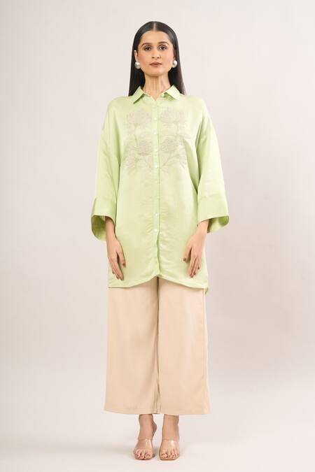 Namrata Joshipura Green Pearls Collared Hibiscus Embellished Tunic Online at Aza Fashions Namrata Joshipura_Green Pearls Collared Hibiscus Embellished Tunic _Online_at_Aza_Fashions