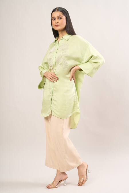 Buy Namrata Joshipura Green Pearls Collared Hibiscus Embellished Tunic Online at Aza Fashions Buy_Namrata Joshipura_Green Pearls Collared Hibiscus Embellished Tunic _Online_at_Aza_Fashions