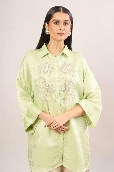 Shop Namrata Joshipura Green Pearls Collared Hibiscus Embellished Tunic Online at Aza Fashions Shop_Namrata Joshipura_Green Pearls Collared Hibiscus Embellished Tunic _Online_at_Aza_Fashions