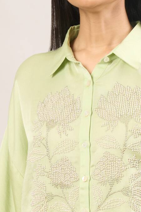 Namrata Joshipura Green Pearls Collared Hibiscus Embellished Tunic at Aza Fashions Namrata Joshipura_Green Pearls Collared Hibiscus Embellished Tunic _at_Aza_Fashions