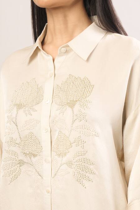 Buy_Namrata Joshipura_Ivory Pearls Collared Hibiscus Shimmer Embellished Tunic _Online_at_Aza_Fashions