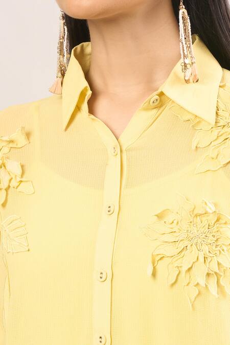 Namrata Joshipura Yellow Embroidery, Applique Collared, Round Neck Floral Shirt Online at Aza Fashions Namrata Joshipura_Yellow Embroidery, Applique Collared, Round Neck Floral Shirt _Online_at_Aza_Fashions