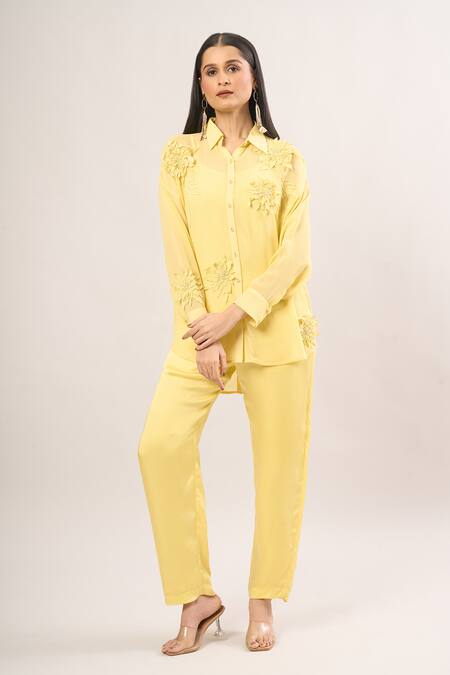 Buy Namrata Joshipura Yellow Embroidery, Applique Collared, Round Neck Floral Shirt Online at Aza Fashions Buy_Namrata Joshipura_Yellow Embroidery, Applique Collared, Round Neck Floral Shirt _Online_at_Aza_Fashions