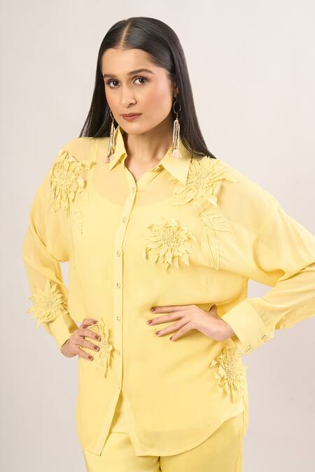 Namrata Joshipura Yellow Embroidery, Applique Collared, Round Neck Floral Shirt at Aza Fashions Namrata Joshipura_Yellow Embroidery, Applique Collared, Round Neck Floral Shirt _at_Aza_Fashions
