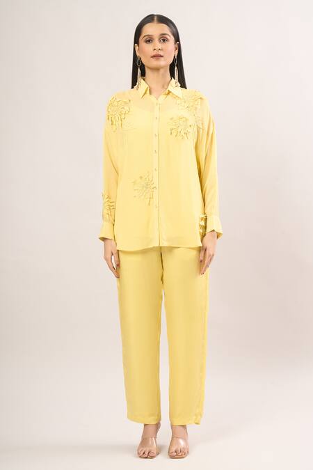 Buy Namrata Joshipura Yellow Embroidery, Applique Collared, Round Neck Floral Shirt Buy_Namrata Joshipura_Yellow Embroidery, Applique Collared, Round Neck Floral Shirt