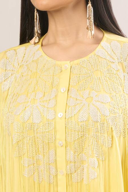 Buy_Namrata Joshipura_Yellow Pearls, Tassels Round Neck Floral Embellished Kaftan Set_Online_at_Aza_Fashions