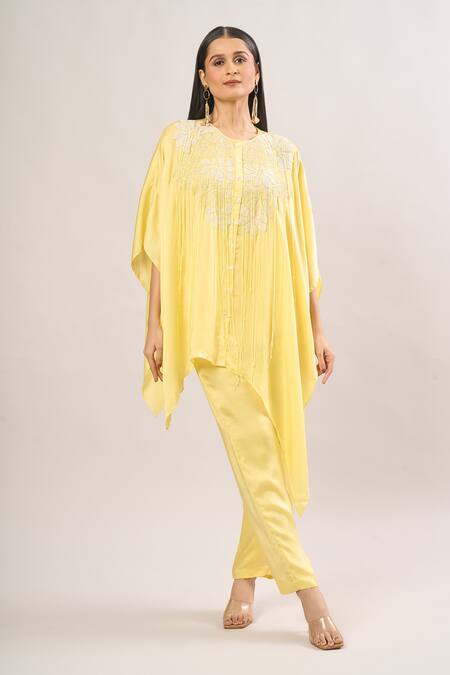 Buy_Namrata Joshipura_Yellow Pearls, Tassels Round Neck Floral Embellished Kaftan Set