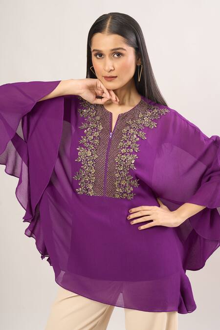 Buy Namrata Joshipura Purple Sequins, Embroidery Mandarin Collar Floral Embellished Kaftan Tunic Online at Aza Fashions Buy_Namrata Joshipura_Purple Sequins, Embroidery Mandarin Collar Floral Embellished Kaftan Tunic_Online_at_Aza_Fashions