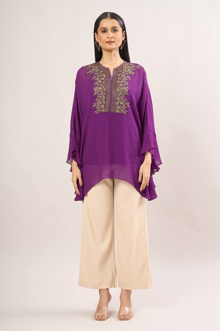 Shop Namrata Joshipura Purple Sequins, Embroidery Mandarin Collar Floral Embellished Kaftan Tunic Online at Aza Fashions Shop_Namrata Joshipura_Purple Sequins, Embroidery Mandarin Collar Floral Embellished Kaftan Tunic_Online_at_Aza_Fashions