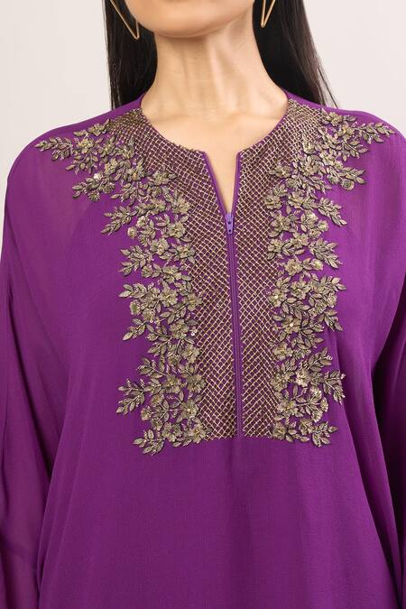 Namrata Joshipura Purple Sequins, Embroidery Mandarin Collar Floral Embellished Kaftan Tunic at Aza Fashions Namrata Joshipura_Purple Sequins, Embroidery Mandarin Collar Floral Embellished Kaftan Tunic_at_Aza_Fashions