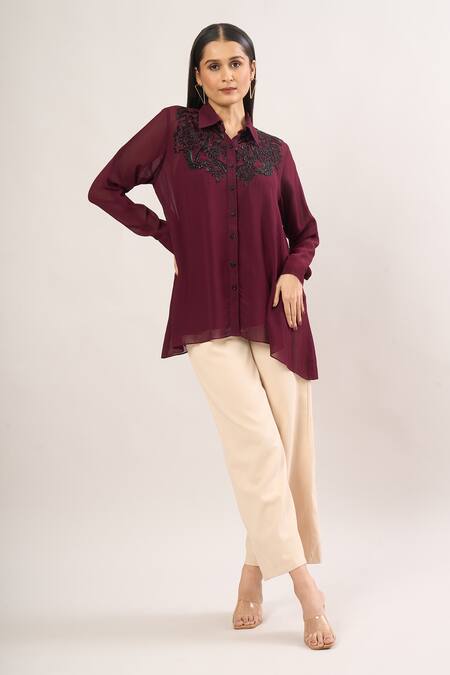 Buy_Namrata Joshipura_Purple Beads, Sequins Collared, Round Neck Floral Embroidered Shirt_Online_at_Aza_Fashions