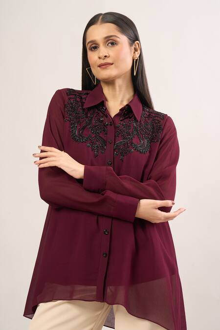 Shop_Namrata Joshipura_Purple Beads, Sequins Collared, Round Neck Floral Embroidered Shirt_Online_at_Aza_Fashions