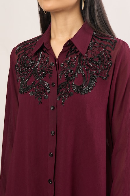 Namrata Joshipura_Purple Beads, Sequins Collared, Round Neck Floral Embroidered Shirt_at_Aza_Fashions