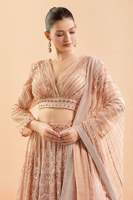 Tarun Tahiliani_Pink Silk Pearls, Sequins V-neck Scallop Embroidered Lehenga Set _Online_at_Aza_Fashions
