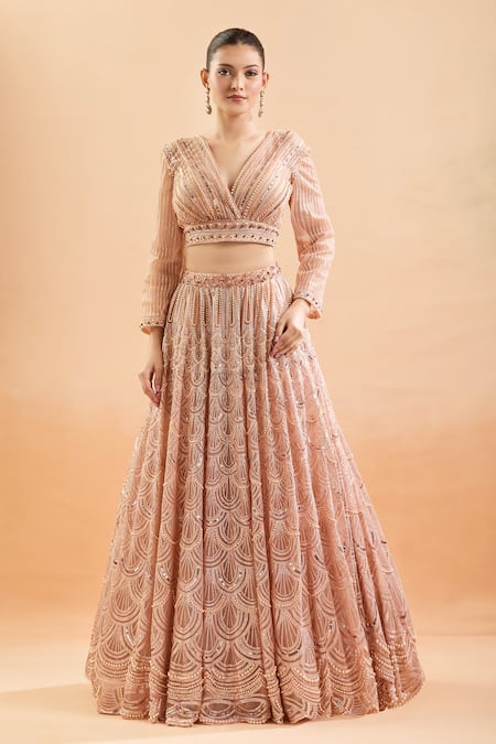 Buy_Tarun Tahiliani_Pink Silk Pearls, Sequins V-neck Scallop Embroidered Lehenga Set _Online_at_Aza_Fashions