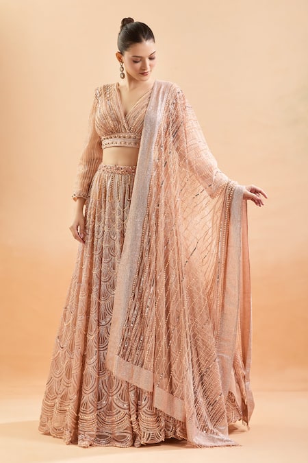 Tarun Tahiliani_Pink Silk Pearls, Sequins V-neck Scallop Embroidered Lehenga Set _at_Aza_Fashions