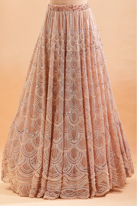 Buy_Tarun Tahiliani_Pink Silk Pearls, Sequins V-neck Scallop Embroidered Lehenga Set 