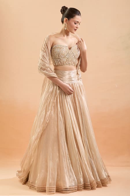 Tarun Tahiliani_Gold Embroidery, Pearls, Beads Sweetheart Neck Floral Corset Lehenga Set _Online_at_Aza_Fashions