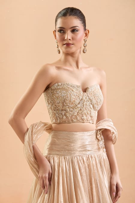 Buy_Tarun Tahiliani_Gold Embroidery, Pearls, Beads Sweetheart Neck Floral Corset Lehenga Set _Online_at_Aza_Fashions