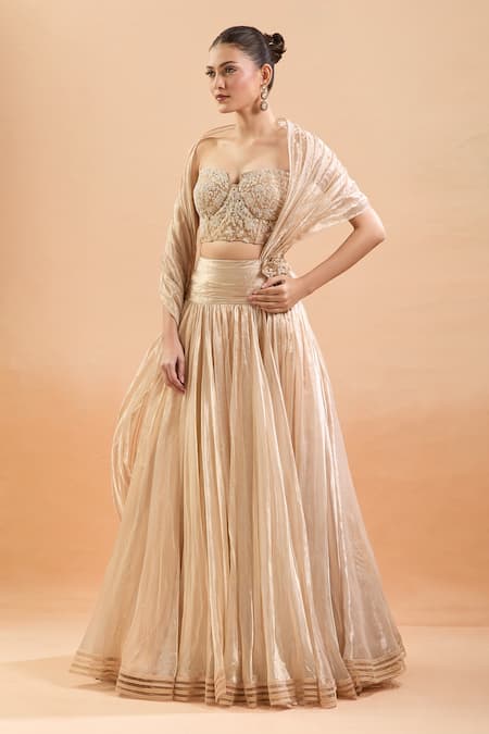 Shop_Tarun Tahiliani_Gold Embroidery, Pearls, Beads Sweetheart Neck Floral Corset Lehenga Set _Online_at_Aza_Fashions