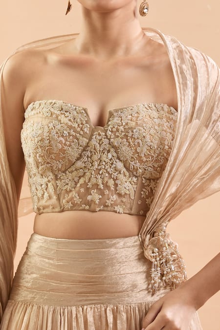 Tarun Tahiliani_Gold Embroidery, Pearls, Beads Sweetheart Neck Floral Corset Lehenga Set _at_Aza_Fashions