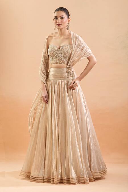 Buy_Tarun Tahiliani_Gold Embroidery, Pearls, Beads Sweetheart Neck Floral Corset Lehenga Set 