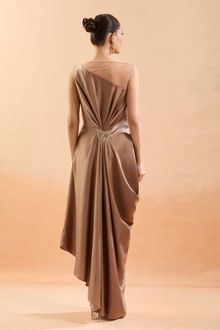 Shop Tarun Tahiliani Brown Embroidery, Tassels Open Neck Asymmetric Draped Dress at Aza Fashions Shop_Tarun Tahiliani_Brown Embroidery, Tassels Open Neck Asymmetric Draped Dress_at_Aza_Fashions