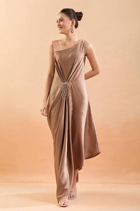 Tarun Tahiliani Brown Embroidery, Tassels Open Neck Asymmetric Draped Dress Online at Aza Fashions Tarun Tahiliani_Brown Embroidery, Tassels Open Neck Asymmetric Draped Dress_Online_at_Aza_Fashions