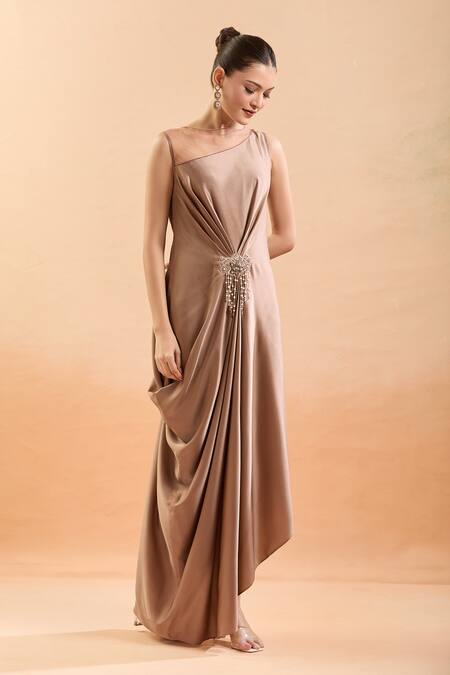 Shop Tarun Tahiliani Brown Embroidery, Tassels Open Neck Asymmetric Draped Dress Online at Aza Fashions Shop_Tarun Tahiliani_Brown Embroidery, Tassels Open Neck Asymmetric Draped Dress_Online_at_Aza_Fashions