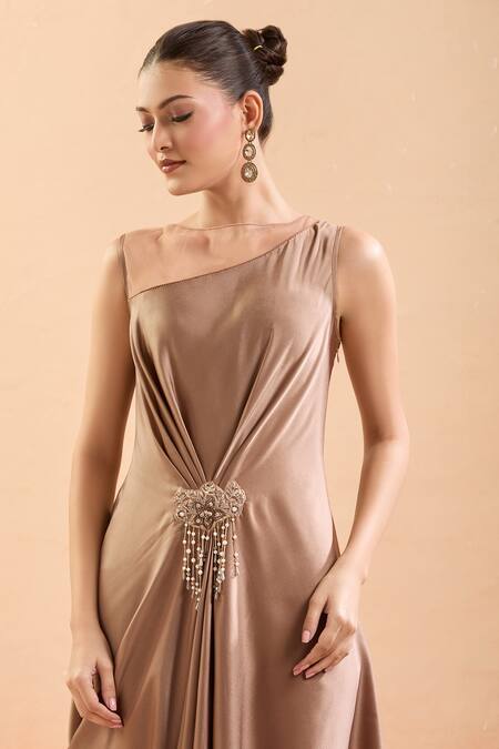 Tarun Tahiliani Brown Embroidery, Tassels Open Neck Asymmetric Draped Dress at Aza Fashions Tarun Tahiliani_Brown Embroidery, Tassels Open Neck Asymmetric Draped Dress_at_Aza_Fashions