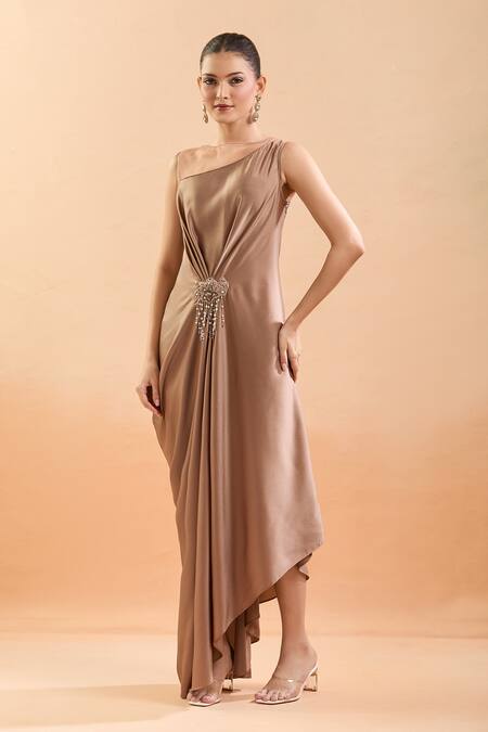 Buy Tarun Tahiliani Brown Embroidery, Tassels Open Neck Asymmetric Draped Dress Buy_Tarun Tahiliani_Brown Embroidery, Tassels Open Neck Asymmetric Draped Dress