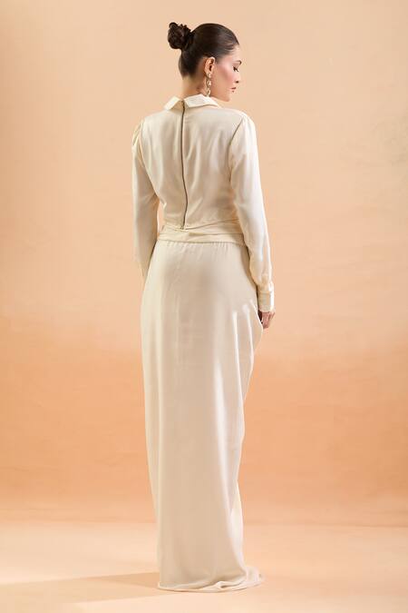 Shop Tarun Tahiliani Ivory Silk Collared Front Tie-up Shirt And Draped Skirt Set at Aza Fashions Shop_Tarun Tahiliani_Ivory Silk Collared Front Tie-up Shirt And Draped Skirt Set_at_Aza_Fashions