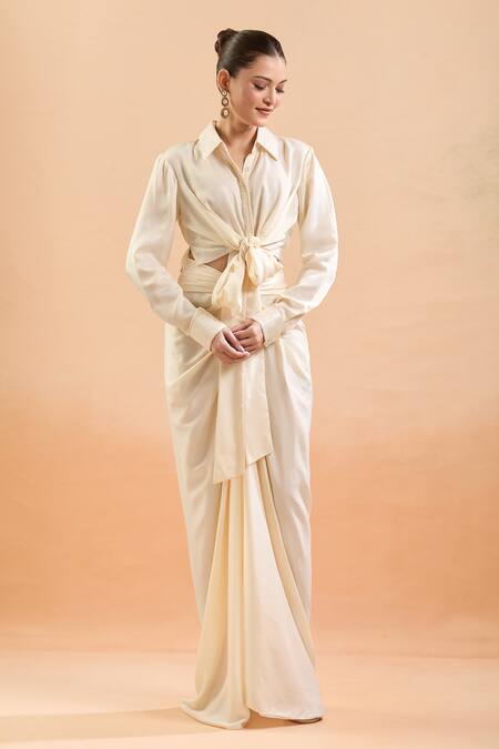 Tarun Tahiliani Ivory Silk Collared Front Tie-up Shirt And Draped Skirt Set Online at Aza Fashions Tarun Tahiliani_Ivory Silk Collared Front Tie-up Shirt And Draped Skirt Set_Online_at_Aza_Fashions