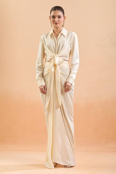 Shop Tarun Tahiliani Ivory Silk Collared Front Tie-up Shirt And Draped Skirt Set Online at Aza Fashions Shop_Tarun Tahiliani_Ivory Silk Collared Front Tie-up Shirt And Draped Skirt Set_Online_at_Aza_Fashions