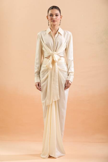 Buy Tarun Tahiliani Ivory Silk Collared Front Tie-up Shirt And Draped Skirt Set Buy_Tarun Tahiliani_Ivory Silk Collared Front Tie-up Shirt And Draped Skirt Set