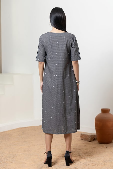 Orcr Black Cotton Dress with Front Slit 