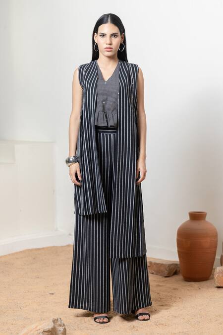 Orcr_Black Cotton Sequins Open Neck, Striped Asymmetric Jacket Pant Set _Online_at_Aza_Fashions