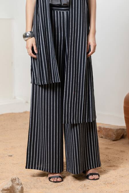 Buy_Orcr_Black Cotton Sequins Open Neck, Striped Asymmetric Jacket Pant Set _Online_at_Aza_Fashions