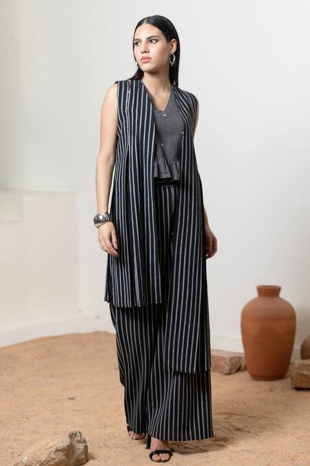 Shop_Orcr_Black Cotton Sequins Open Neck, Striped Asymmetric Jacket Pant Set _Online_at_Aza_Fashions
