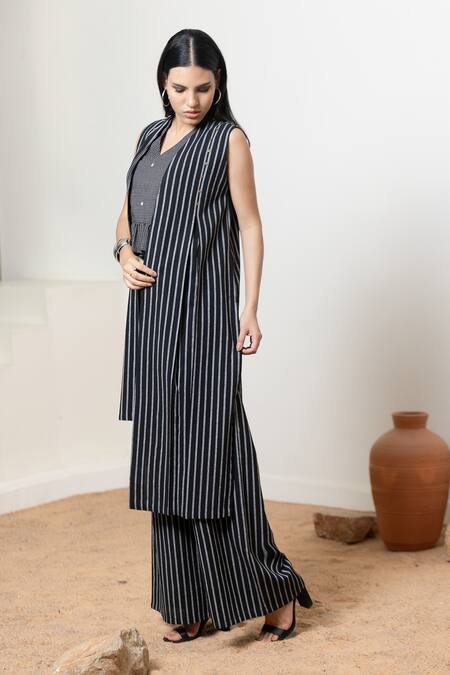 Orcr_Black Cotton Sequins Open Neck, Striped Asymmetric Jacket Pant Set _at_Aza_Fashions