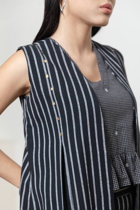 Buy_Orcr_Black Cotton Sequins Open Neck, Striped Asymmetric Jacket Pant Set 