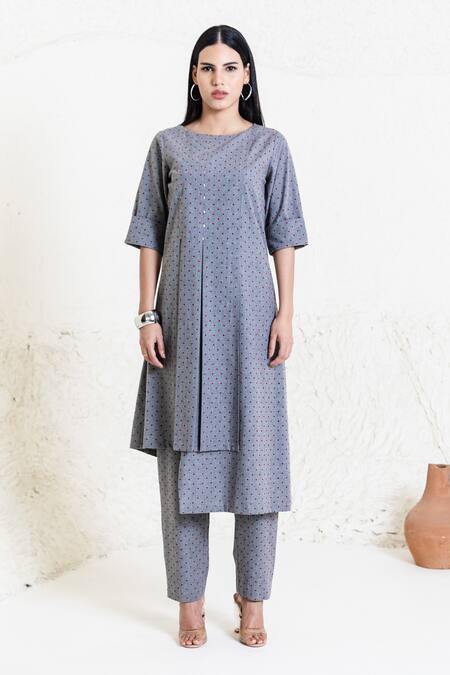 Buy_Orcr_Gray Cotton Beads Round Neck Asymmetric Tunic And Flared Pant Set _Online_at_Aza_Fashions