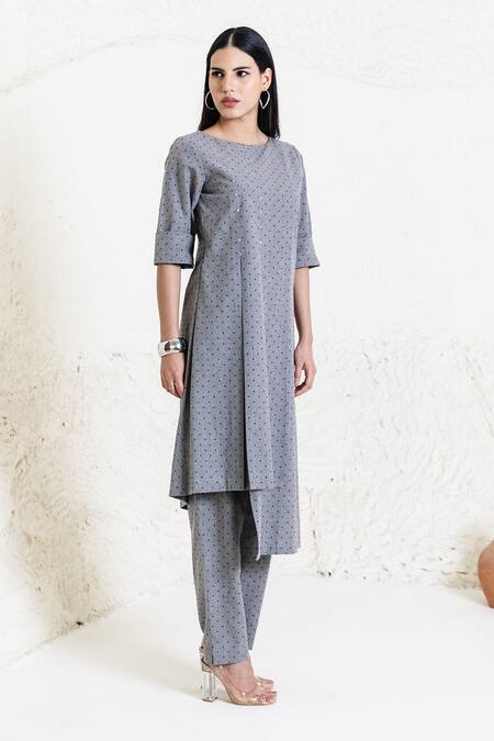 Shop_Orcr_Gray Cotton Beads Round Neck Asymmetric Tunic And Flared Pant Set _Online_at_Aza_Fashions