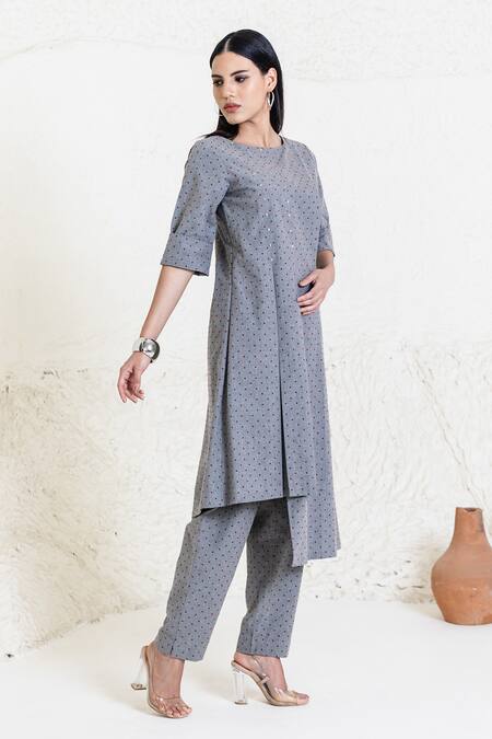 Orcr_Gray Cotton Beads Round Neck Asymmetric Tunic And Flared Pant Set _at_Aza_Fashions